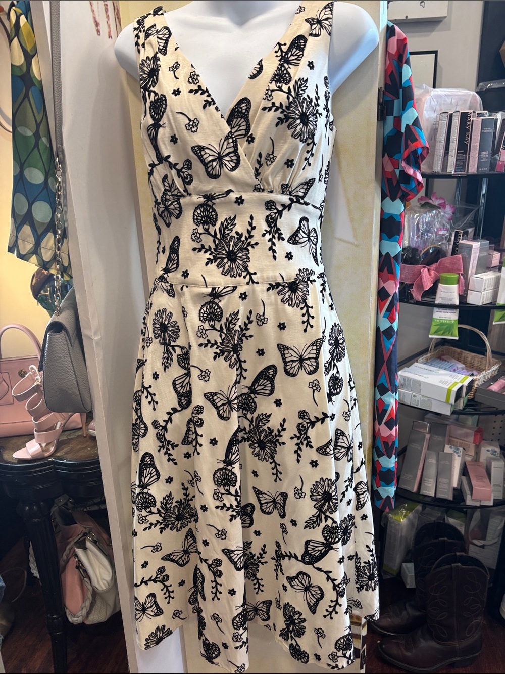 Voodoo Vixen Cream Midi Dress with Black Butterfly & Floral Print
